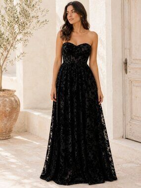 Gypsy Junkies Dress Black Velvet Burnout Floral Strapless Maxi Gothic Formal